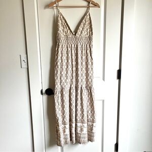 Sim & Sam Boho Babydoll Tiered Sundress Linen Blend Maxi V-Neck Oat